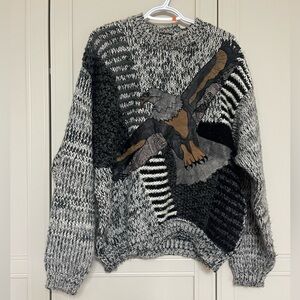 Vintage Black Gray Brown Crewneck Sweater with Eagle Motif